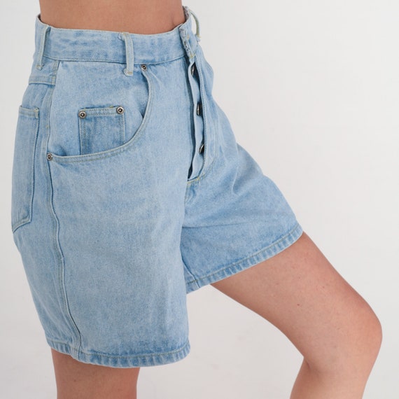 80s Denim Shorts Button Fly Jean Shorts High Waisted Rise Mid Length Mom Shorts Light Wash Blue Retro Summer Basic 1980s Vintage Small  27