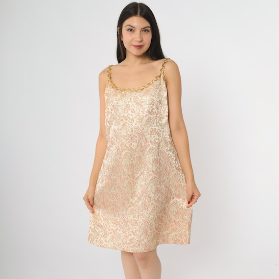 Paisley Slip Dress 60s Pink Gold Metallic Spaghetti Straps Mini A Line Go Go Dancing Mod Groovy Twiggy Style Vintage Psychedelic Large L