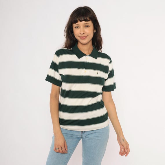 90s Ralph Lauren Polo Striped Green Ivory Short Sleeve Collegiate Preppy Cotton Shirt Button Placket Ribbed Knit Cream Top Vintage Medium M