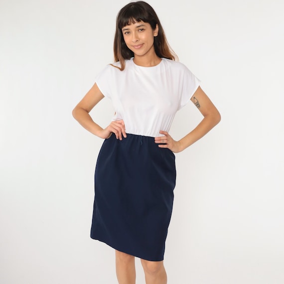Vintage Color Block Dress 70s 80s Midi Plain White Navy Blue Cap Sleeve Dress 1970s High Elastic Waist Medium Petite