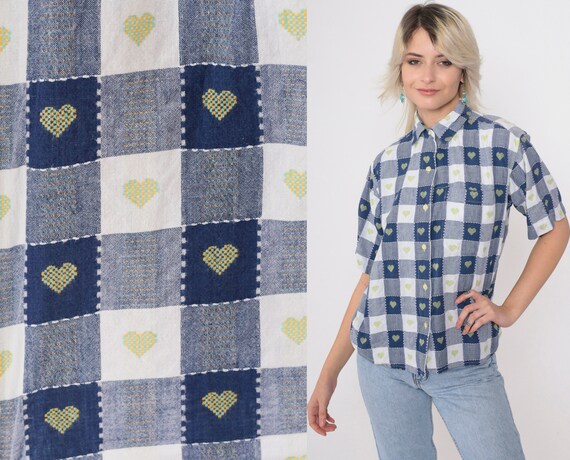 90s Plaid Heart Shirt Blue Buffalo Plaid Blouse Grunge Checkered Top Button Up 1990s Vintage Short Sleeve White Country Petite Medium