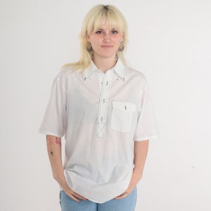 White Polo Shirt 70s Arrow Collared Shirt Semi-Sheer Preppy Short Sleeve TShirt Topstitch Pointed Collar Plain Vintage 1970s Mens 16 Large