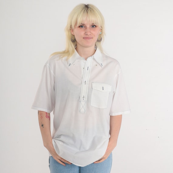 White Polo Shirt 70s Arrow Collared Shirt Semi-Sheer Preppy Short Sleeve TShirt Topstitch Pointed Collar Plain Vintage 1970s Mens 16 Large
