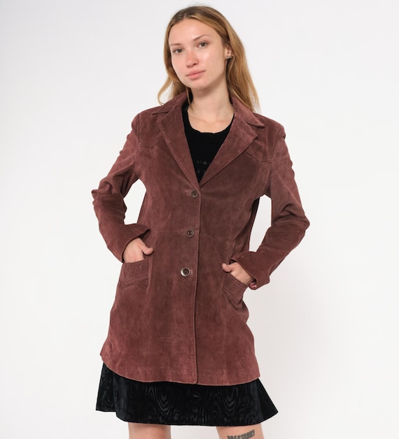 Mauve Suede Blazer Y2K Wine Leather Jacket Notched Lapel Patch Pockets Long Line Coat Plum Maroon Fall Winter Layering Cranberry Small S