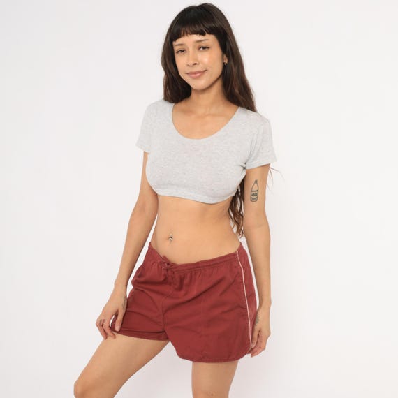 Burgundy Swim Trunks 80s Repage Drawstring Waist Running Shorts Cotton Wine Athletic Beach Vacation Contrast Piping Rust Vintage Large L