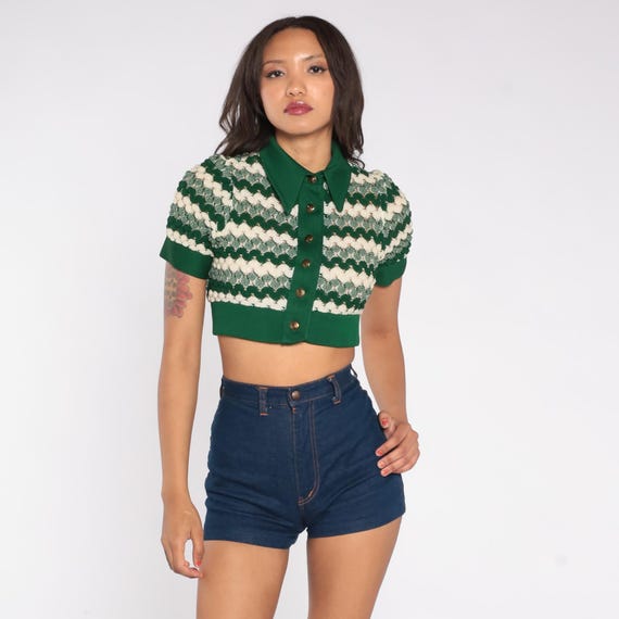 Emerald Green Crop Cardigan 70s Chevron Knit Button Front Top Vintage Short Sleeve Collared Sweater Forest Cream Mod Fitted Extra Small XS