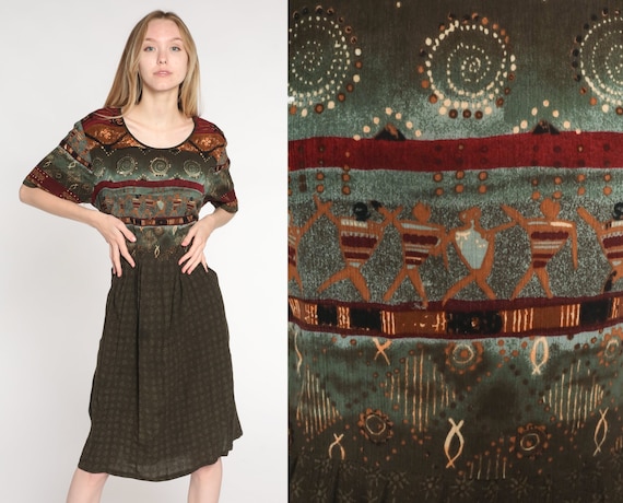 90s Grunge Dress Brown Geometric People Print Midi Dress Swirl Novelty 1990s Vintage Boho Short Sleeve High Waisted Bohemian Rayon 16 W xl