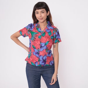 Red Hawaiian Shirt 90s Tropical Floral Hibiscus Blouse Button Up Top Retro Summer Short Sleeve Flower Print Aloha 1990s Vintage Small xs