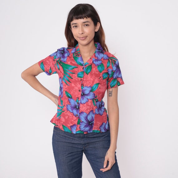Red Hawaiian Shirt 90s Tropical Floral Hibiscus Blouse Button Up Top Retro Summer Short Sleeve Flower Print Aloha 1990s Vintage Small xs