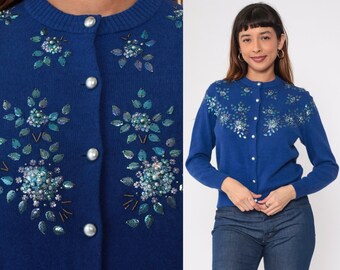 Beaded Floral Cardigan 80s Blue Wool Pearl Button up Knit Sweater Sparkly Flower Leaf Rhinestone Boho Chic Glam Jumper Vintage 1980s Small S