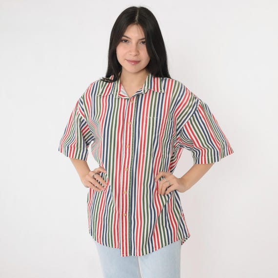 Vintage Striped Button up Shirt 90s Collared Oxford Shirt Green Blue Red Retro Short Sleeve Top Preppy Pocket 1990s Men's Large 16 - 16 1/2