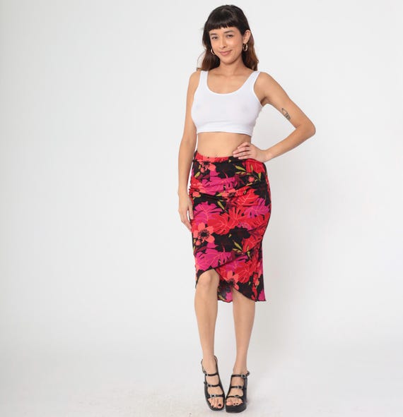Tropical Print Pencil Skirt Y2K Hibiscus Palm Leaf Print Pink Black Red Bodycon Midi Ruched Side Stretchy Fitted High Waist Small S