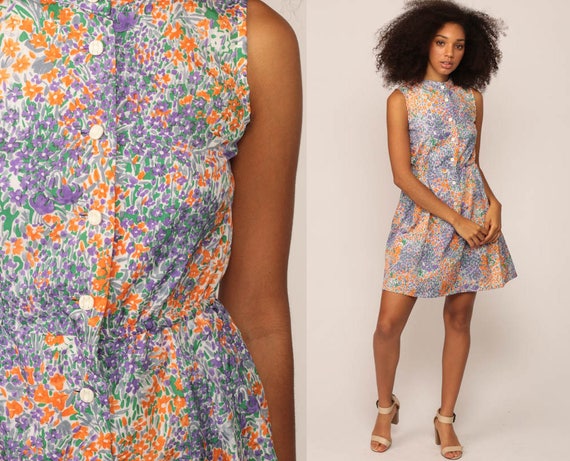 Floral Mini Dress 70s Hippie Button Up Boho Sleeveless Summer High Waisted Vintage Purple Orange Print Bohemian Minidress Small