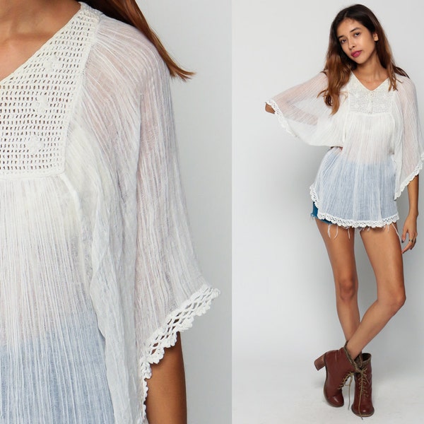 Boho Blouse Crochet Top ANGEL SLEEVE Sheer Cotton Gauze Tunic White Lace 70s Hippie Shirt Handkerchief Festival Tent Bohemian Extra Large xl