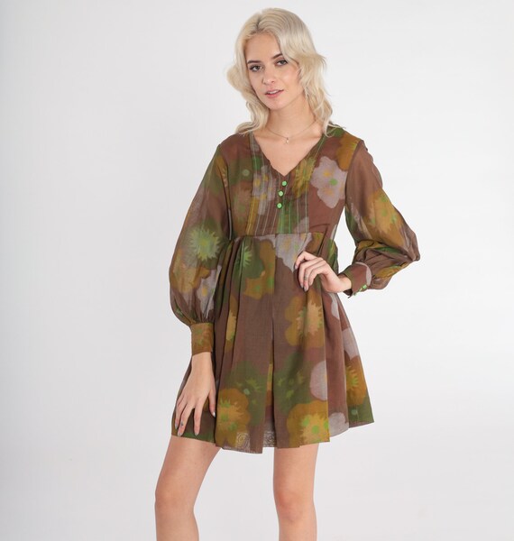 Brown Floral Babydoll Dress 60s Mod Mini Dress Long Semi-Sheer Balloon Sleeve Empire Waist Hippie Boho Peasant Vintage 1960s Extra Small xs
