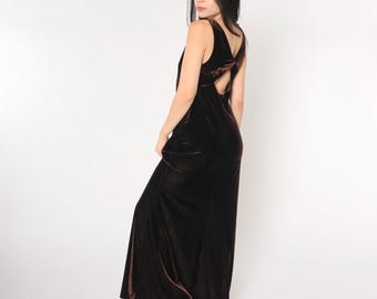 90s Brown Velvet Dress Keyhole Back Maxi Dress Goth Velour Party Dress Sleeveless Shift Going Out Dress 1990s Peekaboo Vintage Medium 8