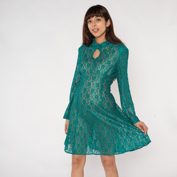 Green Lace Dress 90s Sheer Keyhole Dress Mini Party Dress Going Out 1990s Grunge Minidress Club Long Sleeve Cocktail Fit and Flare Medium