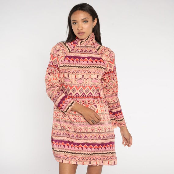 Mod Mini Dress 60s Geometric Aztec Print Pink Moc… - image 3