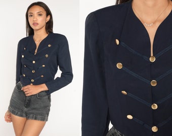 Blue Button Up Shirt 80s Nautical Top Navy Blouse Sailor Shirt Military Inspired Crop Top Band 90s Vintage Retro Plain Extra Small xs