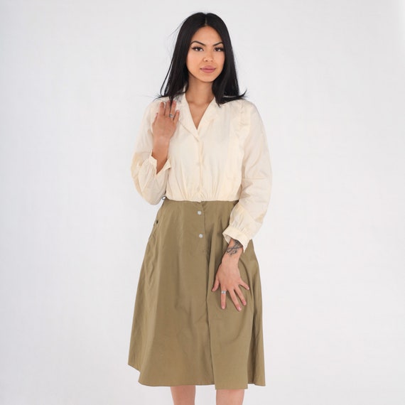 Shirtwaist Dress 80s Button Up Midi Dress Cream O… - image 4