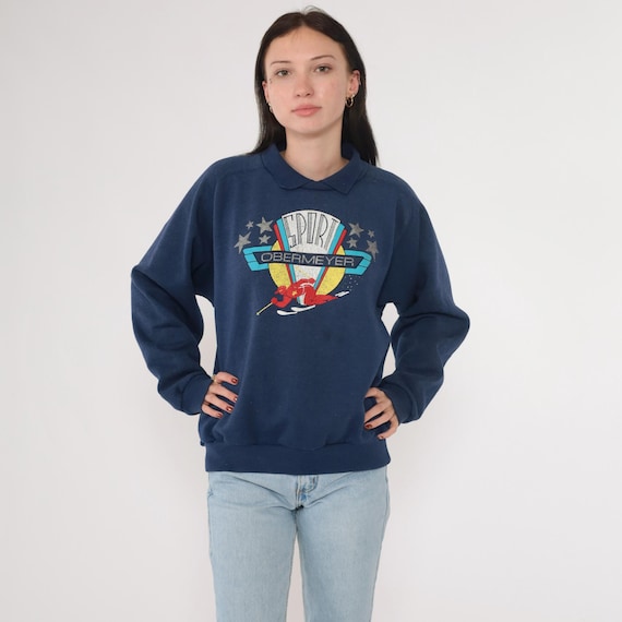 Vintage Ski Sweatshirt 90s Obermeyer Sweater Navy Blue Collared Skier Graphic Shirt Retro Raglan Sleeve 1990s Oversized Small
