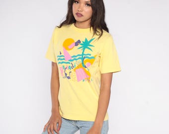 90s Beach Paradise Hawaii Yellow Tee Geometric Abstract Tropical Palm Tree Neon Pink Teal Purple Sunset Vacation Summer Small Medium S M
