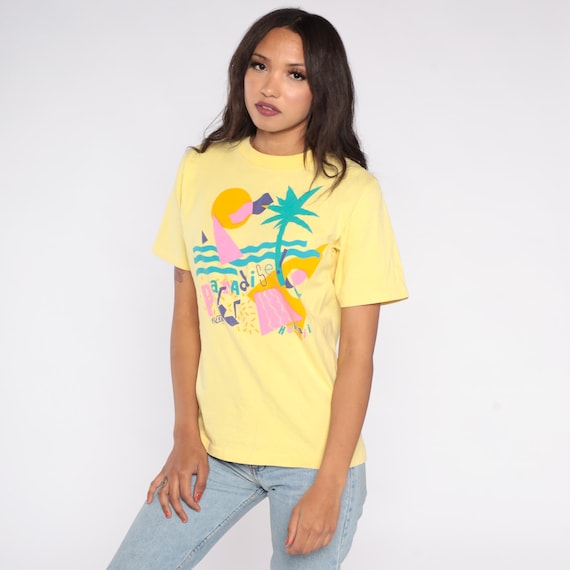 90s Beach Paradise Hawaii Yellow Tee Geometric Abstract Tropical Palm Tree Neon Pink Teal Purple Sunset Vacation Summer Small Medium S M