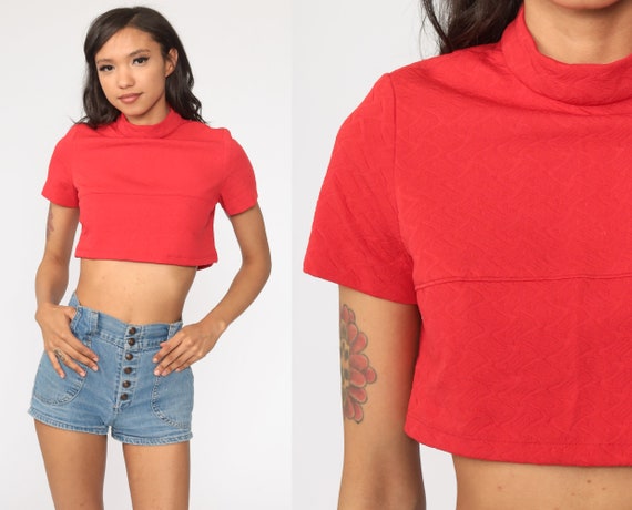 70s Crop Top Red Shirt Retro Mock Neck Shirt Mod 1970s Shirt Short Sleeve Polyester Cropped Shirt Small