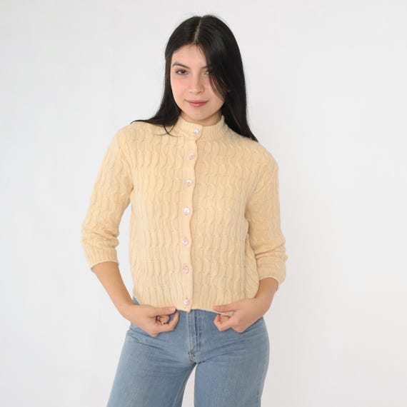 60s Cream Cable Knit Cardigan Cropped Wool Blend Button Up Sweater 3/4 Sleeve Retro Basic Cableknit Knitwear Vintage 1960s Extra Small xs
