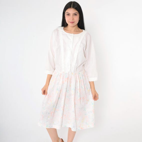 80s White Floral Dress Peach Prairie Shirtdress Midi Dress Bohemian Button Up Summer Vintage Boho High Waisted 1980s 3/4 Sleeve Large L