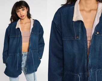 Denim Jacket 80s Drawstring Waist Cargo Jacket Blue Workwear 1980s Streetwear Vintage Retro Denim Collared Zip Up Coat Large