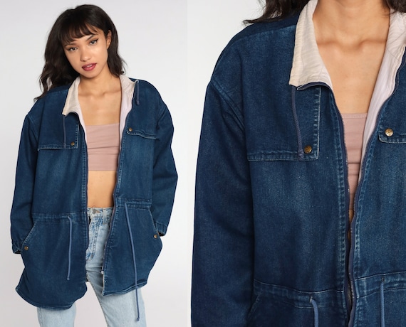 Denim Jacket 80s Drawstring Waist Cargo Jacket Blue Workwear 1980s Streetwear Vintage Retro Denim Collared Zip Up Coat Large