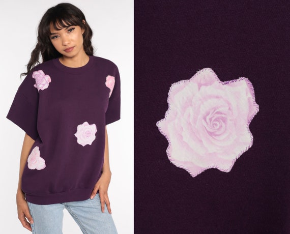 80s Floral Shirt Purple Short Sleeve Sweatshirt Slouchy Sweatshirt Retro 1980s Top Vintage Top Jerzees Extra Large xl