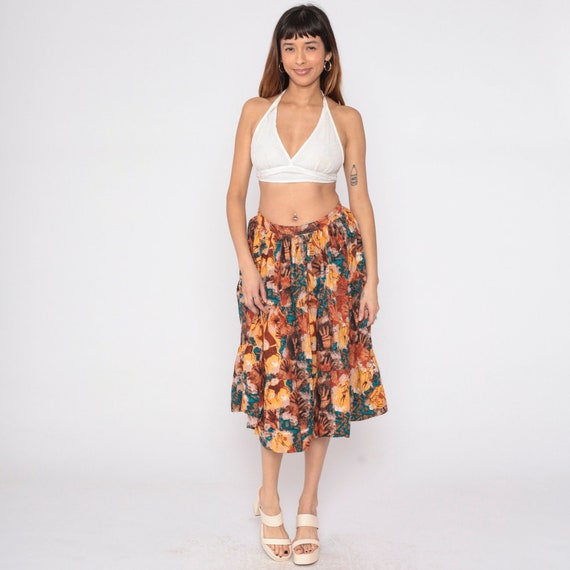 Hippie Skirt 90s Tiered Midi Skirt Colorful Tie Dye Abstract Petroglyph Print High Waisted Boho Summer Retro Cotton Vintage 1990s Medium M