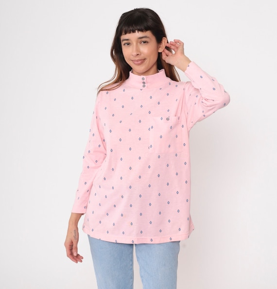Geometric Long Sleeve Shirt 90s Baby Pink Mock Neck T Shirt Pastel Dot Print Retro Top Chest Pocket Retro Tee Vintage 1990s Small