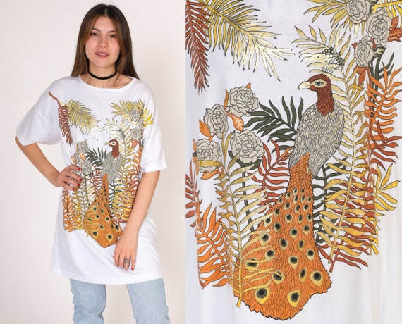 Peacock T-Shirt Dress 90s Metallic TShirt Gold Bird Animal Floral Graphic Tee Nightie Sleep Mini Dress Retro White Vintage 1990s Large L