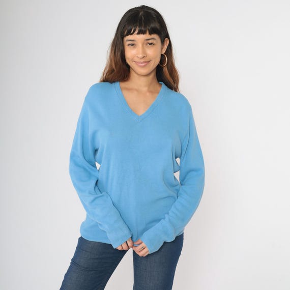 Vintage Blue Pullover Sweater 80s V Neck Acrylic Knit Sweater Slouchy Plain Basic Simple Knitwear Acrylic Spring 1980s Medium Large