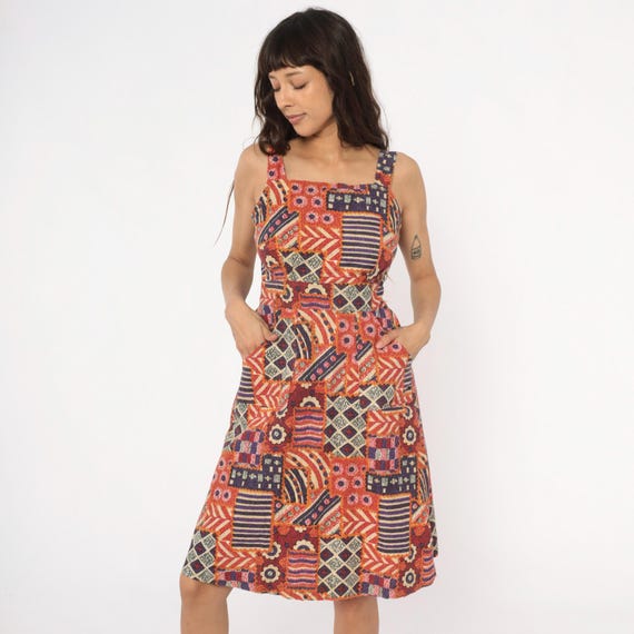 90s Southwest Dress Geometric Patchwork Cotton Square Neck Tribal Print Aztec Ethnic Vintage Sundress Summer Bohemian Fitted Waist Small S