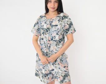 Vintage jaren 90 romper abstracte print grafische theekop krant parel sieraden patroon korte mouw dichtgeknoopt jaren 90 eendelige boxpakje medium M