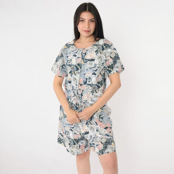 Vintage 90s Romper Abstract Print Graphic Tea Cup Newspaper Pearl Jewelry Pattern Short Sleeve Button Up 1990s One Piece Playsuit Medium M