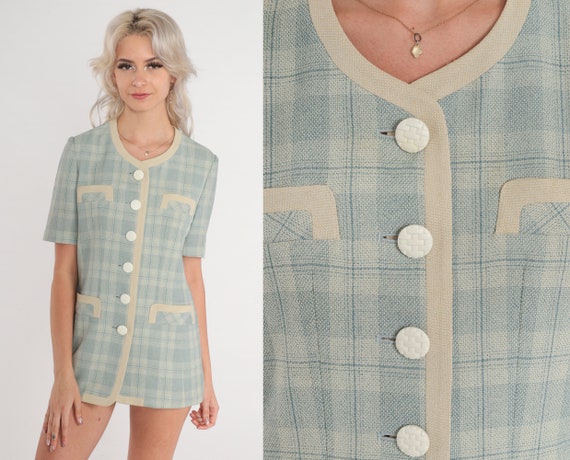 Plaid Blouse 80s Button up Preppy Top Blue Checkered Shirt Retro Short Sleeve Secretary Longline Vintage 1980s Extra Small xs