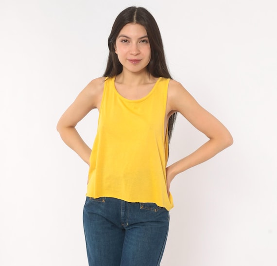 Mustard Scoop Neck Tank 90s Yellow Sleeveless Blouse Cotton Crop Top Gold Relaxed Fit Summer Layering Tee Minimal Casual Vintage Medium M