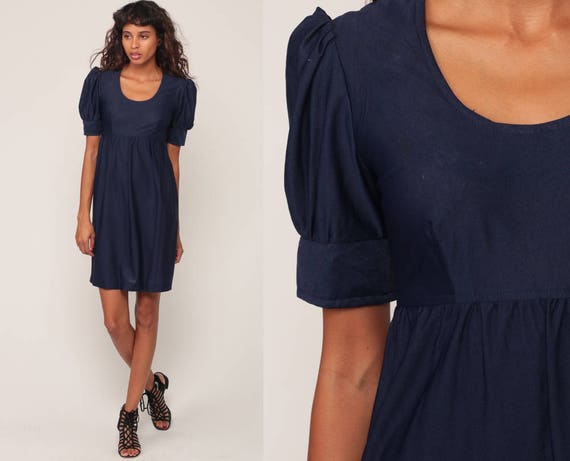 60s Babydoll Dress Mod Mini Puff Sleeve Lolita Dolly 1960s Vintage Empire Waist Navy Blue Minidress Extra small xs
