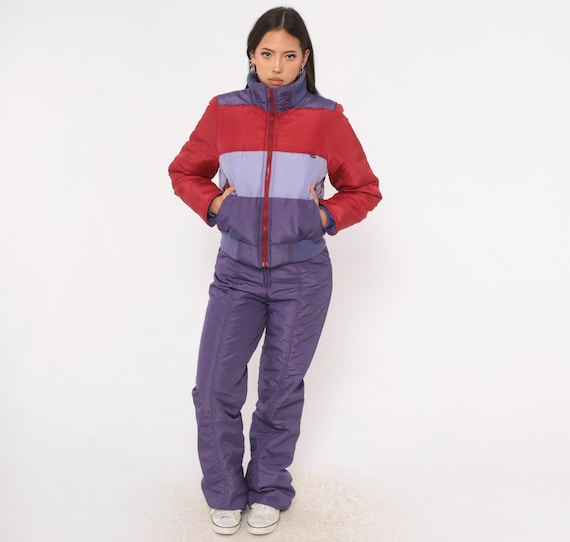 80s Serac Color Block Ski Set Jacket and Jumpsuit Purple Red Lavender Cropped Bomber Winter Coat Ribbed Hem Snowboard  Vintage Small S