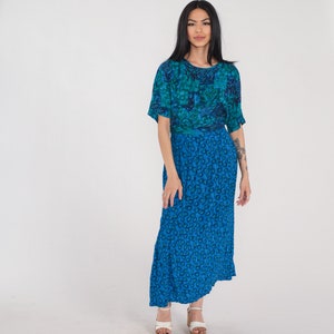 Blue Floral Maxi Dress 90s Bohemian Day Dress Hippie Flower Print Short Sleeve Summer Geometric Grunge Rayon Vintage 1990s Extra Large xl 16