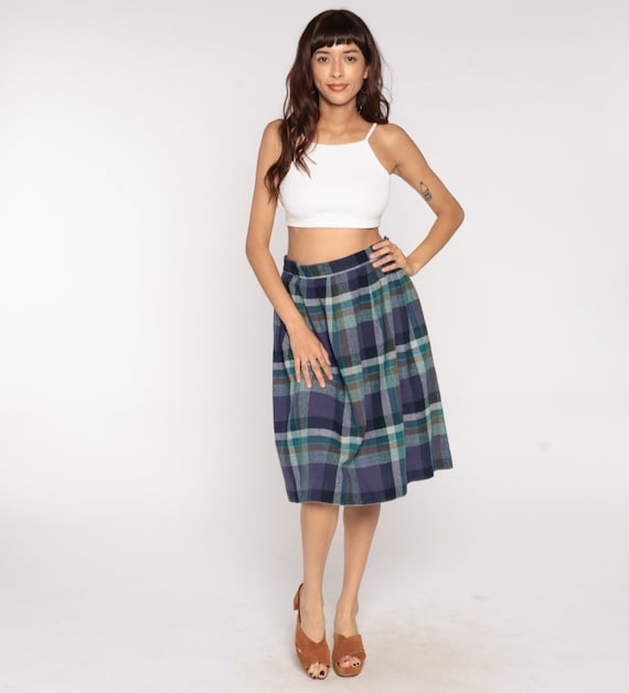 Plaid Midi Skirt 70s School Girl Skirt Wool Blend Pleated Tartan High Waisted Blue Green Preppy Checkered Retro Vintage 1970s Medium