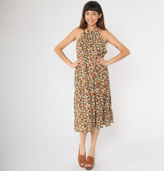Vintage 90s Floral Sun Dress Racerback Midi Yellow Orange Sleeveless Tent Sundress 1990s Flounce Ruffle Trapeze Cut Summer Boho Retro Medium