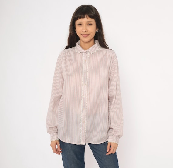Lace Trim Striped Blouse 80s Pink Blue Peter Pan Collar Cotton Prairie Cottagecore Feminine Western Rodeo Long Sleeve Shirt Extra Large XL