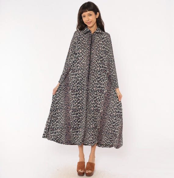 70s Leopard Print Dress Zip Front Collared Animal Pattern Long Sleeve Cheetah Spotted Mob Wife Black Brown Cream Vintage Medium To Large ML