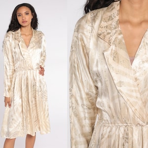 80s Wrap Dress Shiny Long Dolman Sleeve Dress 80s Geometric Print Midi 1980s Deep V Neck Bohemian Vintage High Waist Leslie Fay Small